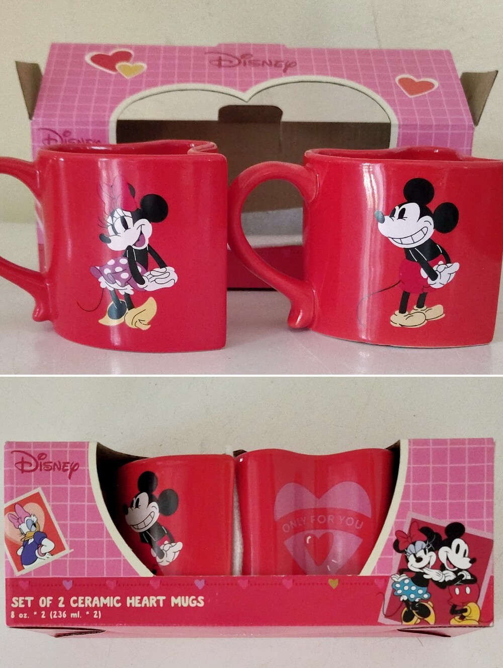 Disney Mickey and Minnie Mouse Red Heart Shaped Ceramic Mugs Set NWT